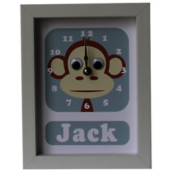 Stripey Cats Personalised Marley Monkey Framed Clock, 23 x 18cm Blue